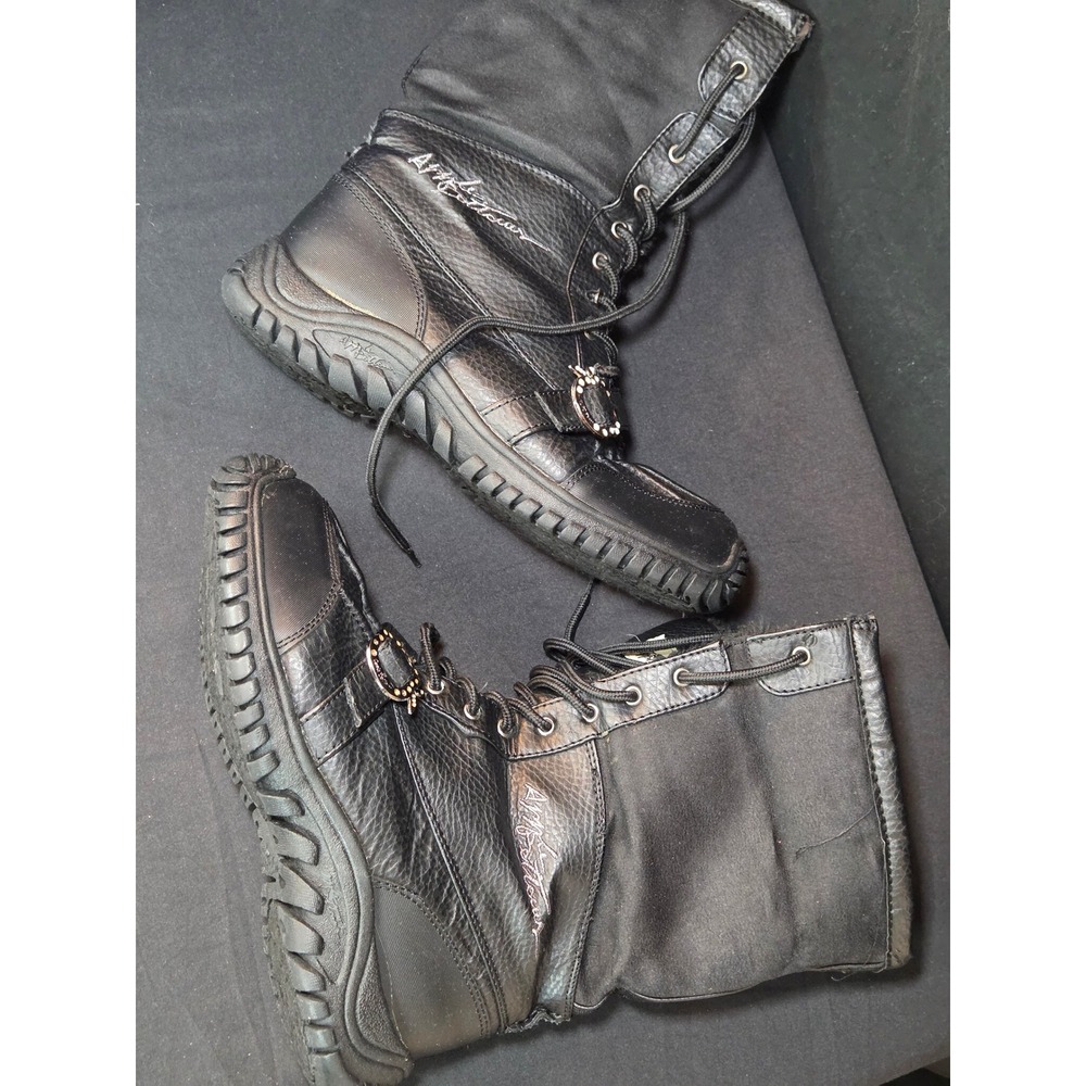 Apple Bottoms Womens Black Leather Faux Fur Lined Winter Boot Rhinestone Size 11